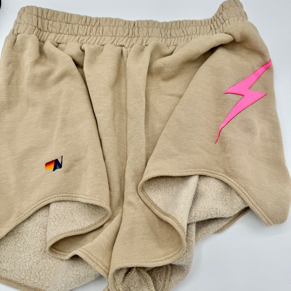 NWT Aviator Nation Bolt Stitch Lounger Short in Beige Tan Sand / Neon Pink - Picture 3 of 10